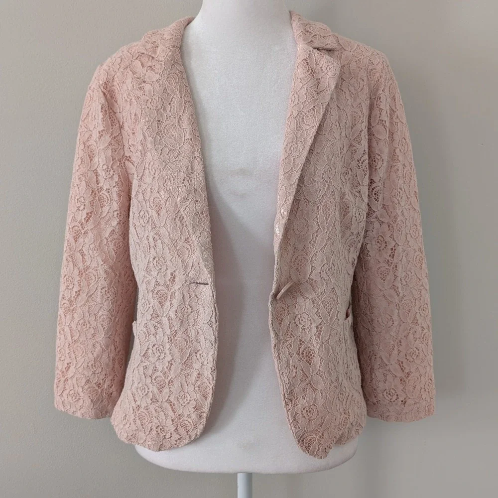 Mandee Women's Lace Blazer LARGE‎ Coquette Dainty Preppy Feminine Pastel Pink